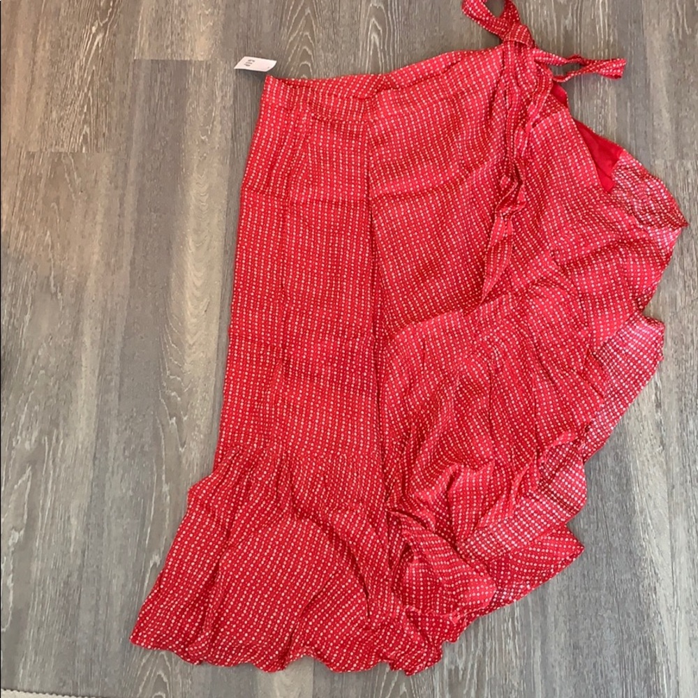 Red polka dotted tie-around skirt